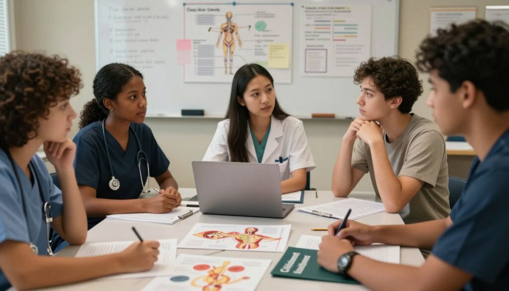 A serene and focused nursing classroom environment, featuring a diverse group of three nursing students engaged in critical thinking exercises around a large table covered with anatomy charts, case studies, and a laptop. The foreground highlights the expressions of concentration on their faces as they discuss clinical scenarios. In the middle, the table is scattered with educational materials, including a dark green folder titled "Clinical Judgment." The background shows a whiteboard with flowcharts and notes. The lighting is soft and warm, creating an inviting and collaborative atmosphere. The scene captures a sense of teamwork and intellectual engagement, shot with a shallow depth of field to emphasize the students in action, all dressed in professional, modest attire. A serene and focused nursing classroom environment, featuring a diverse group of three nursing students engaged in critical thinking exercises around a large table covered with anatomy charts, case studies, and a laptop. The foreground highlights the expressions of concentration on their faces as they discuss clinical scenarios. In the middle, the table is scattered with educational materials, including a dark green folder titled "Clinical Judgment." The background shows a whiteboard with flowcharts and notes. The lighting is soft and warm, creating an inviting and collaborative atmosphere. The scene captures a sense of teamwork and intellectual engagement, shot with a shallow depth of field to emphasize the students in action, all dressed in professional, modest attire.