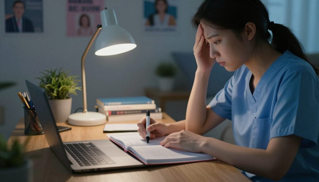 A serene and focused nursing student in a modest casual outfit sits at a wooden study desk, surrounded by textbooks and a laptop, conveying a sense of concentration and determination. The foreground features a close-up of their hands nervously tapping a highlighter on a textbook page, capturing the tension of anxiety. In the middle, a softly lit desk lamp casts a warm glow on the study materials, symbolizing late-night study sessions. The background shows a cozy bedroom with motivational posters and a calming plant, enhanced by cool blue tones for a tranquil atmosphere. The overall mood conveys both the struggles and resilience of nursing students, immersed in their studies while managing anxiety. The image is softly illuminated to evoke a sense of introspection and focus.