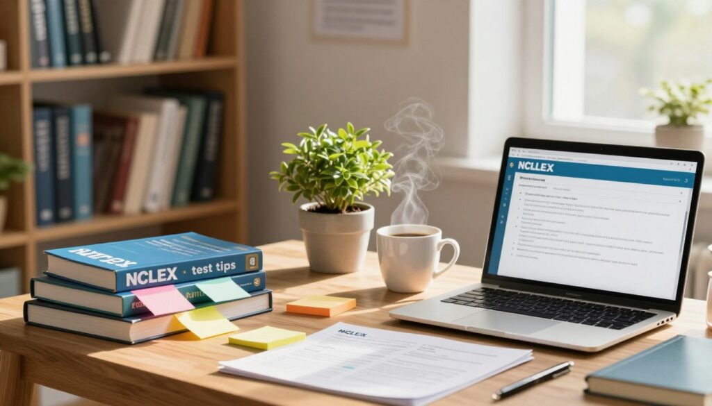 A serene and focused study environment designed to illustrate "NCLEX test tips." In the foreground, a well-organized wooden desk cluttered with NCLEX review books, colorful sticky notes, and a laptop displaying a practice test. A cup of coffee sits beside the books, emitting gentle steam. The middle of the scene features a vibrant potted plant, symbolizing growth and knowledge. In the background, a softly lit bookshelf filled with nursing textbooks creates an academic atmosphere. The room is illuminated by warm, natural light streaming through a nearby window, adding a calming and motivational mood. The overall composition emphasizes the importance of test strategy through organized elements and a tidy environment, creating an inviting space for study and preparation.