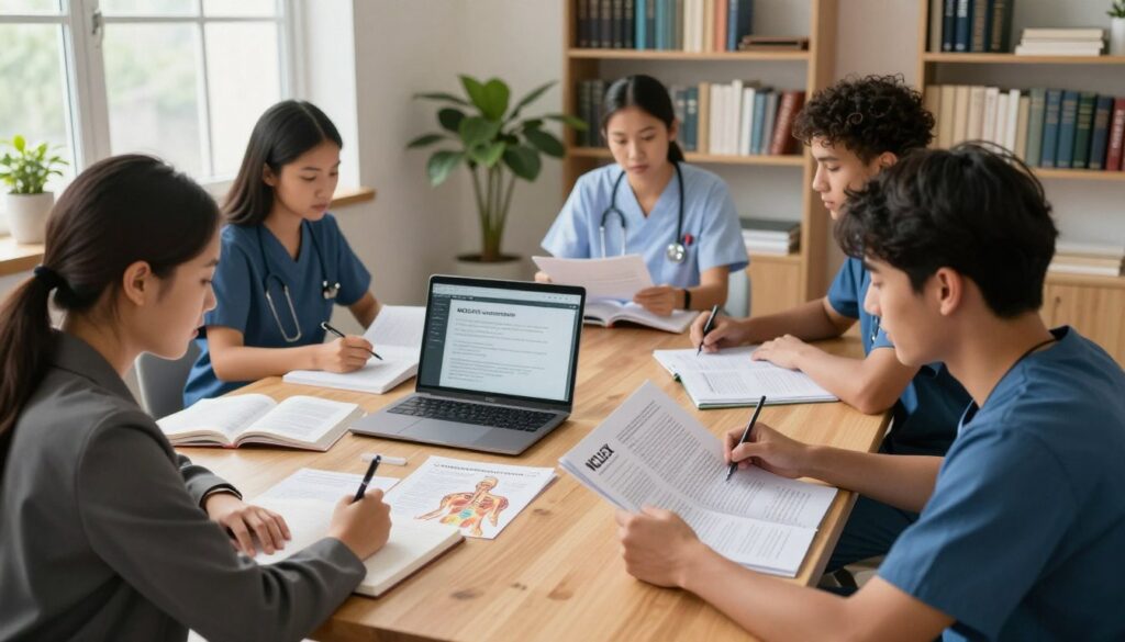 A serene and focused study environment, featuring a diverse group of nursing students gathered around a large wooden table, engaging with NCLEX case study materials. In the foreground, a young woman in professional business attire actively takes notes, while a male student analyzes a case study booklet, both illuminated by soft, natural lighting from a nearby window. The middle ground shows open textbooks, a laptop displaying digital case studies, and anatomical charts, creating an inviting atmosphere for learning. The background includes shelves filled with nursing reference books and a potted plant, adding warmth to the space. The overall mood is collaborative and educational, emphasizing strategic study techniques for NCLEX preparation. The image is bright and crisp, captured with a wide-angle lens to offer a comprehensive view of the scene. A serene and focused study environment, featuring a diverse group of nursing students gathered around a large wooden table, engaging with NCLEX case study materials. In the foreground, a young woman in professional business attire actively takes notes, while a male student analyzes a case study booklet, both illuminated by soft, natural lighting from a nearby window. The middle ground shows open textbooks, a laptop displaying digital case studies, and anatomical charts, creating an inviting atmosphere for learning. The background includes shelves filled with nursing reference books and a potted plant, adding warmth to the space. The overall mood is collaborative and educational, emphasizing strategic study techniques for NCLEX preparation. The image is bright and crisp, captured with a wide-angle lens to offer a comprehensive view of the scene.