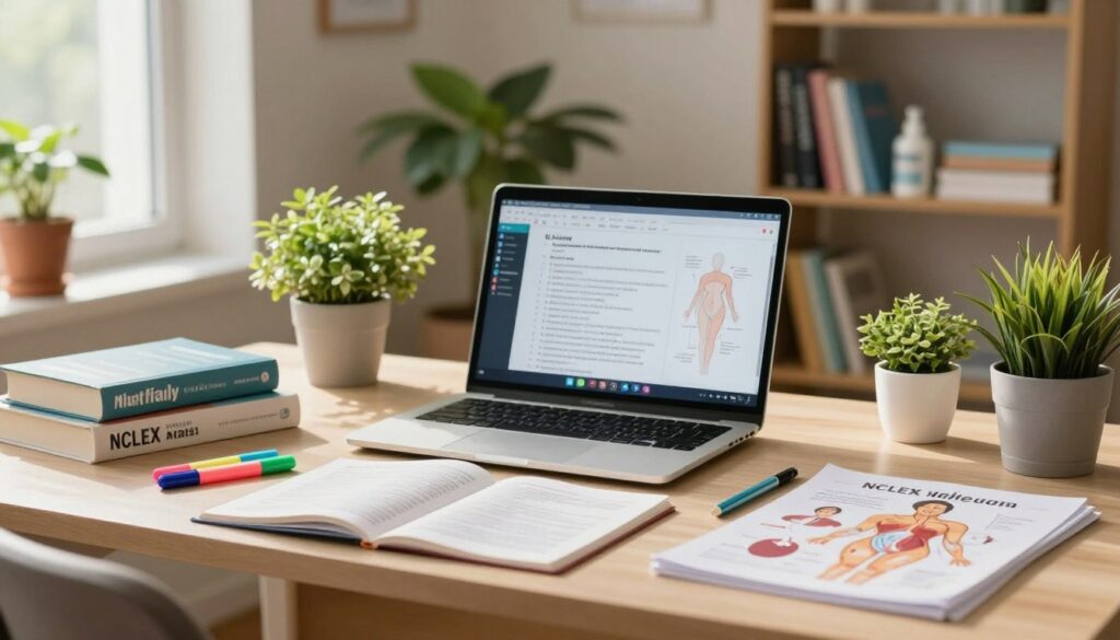 A serene and focused study environment featuring a well-organized desk in the foreground, decorated with essential maternity nursing materials, such as textbooks, highlighters, and anatomy charts. In the middle ground, depict an open laptop displaying digital notes or diagrams related to maternity nursing concepts, surrounded by vibrant potted plants that add a touch of life. In the background, softly blurred shelves filled with nursing reference books and medical supplies hint at a dedicated study space. The lighting is warm and inviting, with natural light streaming in through a nearby window, creating a calm and motivating atmosphere. Capture the essence of concentration and preparation for the NCLEX exam through a thoughtful and professional composition.