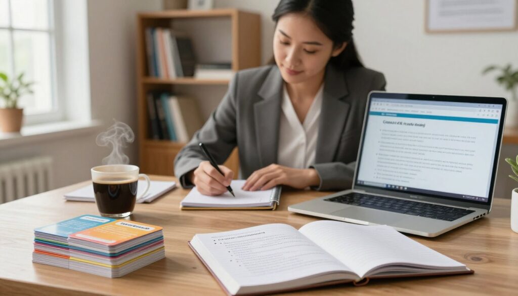 A serene and focused study environment featuring a well-organized desk with study materials related to NCLEX case study questions. In the foreground, a stack of colorful flashcards and a laptop displaying a sample case study question. A neatly written notepad with bullet points on strategies for answering questions is open beside a steaming mug of coffee. In the middle, a professional woman in business attire, intently taking notes, with a gentle expression that conveys concentration and determination. The background shows a cozy bookshelf filled with nursing textbooks and a large window allowing soft, natural light to spill in, creating a warm and inviting atmosphere. The overall mood is calm and studious, encouraging a sense of readiness and preparation. A serene and focused study environment featuring a well-organized desk with study materials related to NCLEX case study questions. In the foreground, a stack of colorful flashcards and a laptop displaying a sample case study question. A neatly written notepad with bullet points on strategies for answering questions is open beside a steaming mug of coffee. In the middle, a professional woman in business attire, intently taking notes, with a gentle expression that conveys concentration and determination. The background shows a cozy bookshelf filled with nursing textbooks and a large window allowing soft, natural light to spill in, creating a warm and inviting atmosphere. The overall mood is calm and studious, encouraging a sense of readiness and preparation.