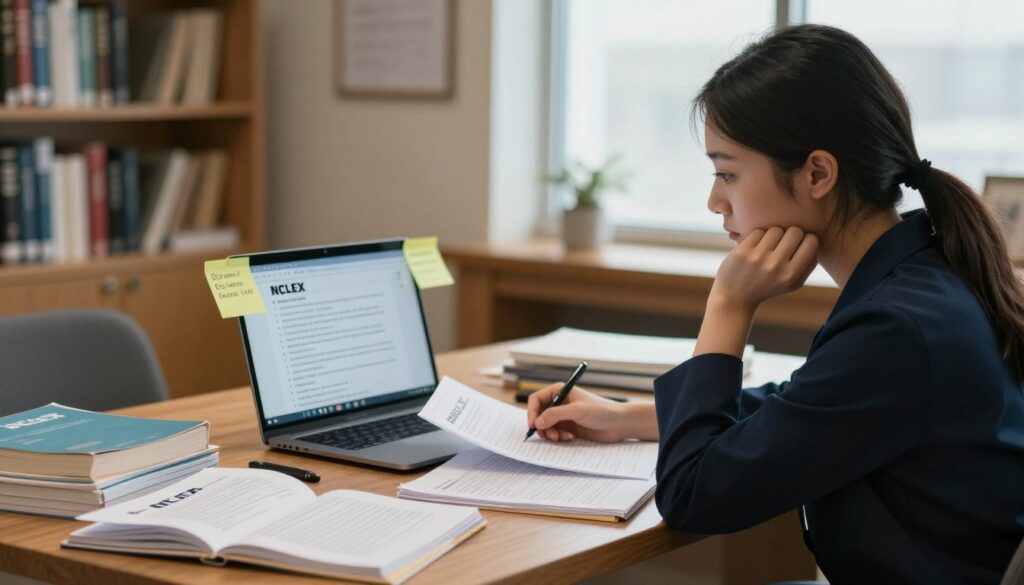 A serene and focused study environment featuring a young nursing student in professional business attire, sitting at a wooden desk filled with NCLEX study materials. The foreground captures the student deeply engaged in reviewing notes and textbooks, with a contemplative expression reflecting self-assessment of confidence levels. In the middle ground, a laptop displays NCLEX practice questions, surrounded by sticky notes with motivational reminders about confidence-building strategies. The background is softly blurred, showing a cozy library setting with shelves of medical literature and a window allowing soft, natural light to illuminate the scene. The overall mood is calm and reflective, emphasizing determination and self-improvement. The image should convey a sense of quiet introspection and focus on the journey of assessing and enhancing nursing exam confidence. A serene and focused study environment featuring a young nursing student in professional business attire, sitting at a wooden desk filled with NCLEX study materials. The foreground captures the student deeply engaged in reviewing notes and textbooks, with a contemplative expression reflecting self-assessment of confidence levels. In the middle ground, a laptop displays NCLEX practice questions, surrounded by sticky notes with motivational reminders about confidence-building strategies. The background is softly blurred, showing a cozy library setting with shelves of medical literature and a window allowing soft, natural light to illuminate the scene. The overall mood is calm and reflective, emphasizing determination and self-improvement. The image should convey a sense of quiet introspection and focus on the journey of assessing and enhancing nursing exam confidence.