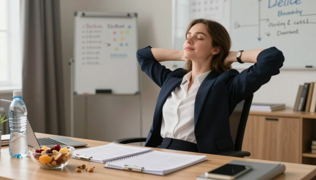 A serene and focused study environment highlighting the significance of breaks in test strategy. In the foreground, a close-up of a neatly organized study desk featuring a watch showing a break time, a healthy snack like fruit or nuts, and a relaxing water bottle. In the middle ground, a well-groomed young woman in professional attire, sitting in a comfortable chair, stretching her arms and taking deep breaths, embodying the rejuvenating aspect of breaks. The background showcases a softly lit cozy room with calming colors, a whiteboard filled with study notes, and a window letting in gentle natural light, setting an atmosphere of tranquility and focus. The composition uses warm lighting to create a peaceful mood, with an emphasis on clarity and simplicity. A serene and focused study environment highlighting the significance of breaks in test strategy. In the foreground, a close-up of a neatly organized study desk featuring a watch showing a break time, a healthy snack like fruit or nuts, and a relaxing water bottle. In the middle ground, a well-groomed young woman in professional attire, sitting in a comfortable chair, stretching her arms and taking deep breaths, embodying the rejuvenating aspect of breaks. The background showcases a softly lit cozy room with calming colors, a whiteboard filled with study notes, and a window letting in gentle natural light, setting an atmosphere of tranquility and focus. The composition uses warm lighting to create a peaceful mood, with an emphasis on clarity and simplicity.