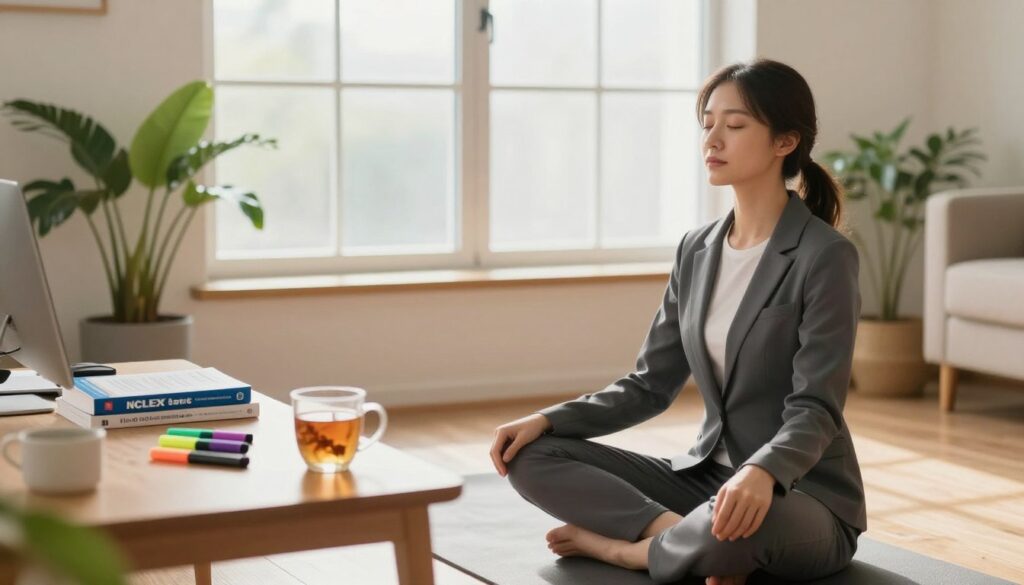 A serene and focused study environment reflecting "NCLEX test day preparation." In the foreground, a calm young woman in professional attire appears, sitting cross-legged on a yoga mat, practicing deep breathing with her eyes closed. Surrounding her, an organized wooden desk displays NCLEX review books, highlighters, and a mug of herbal tea, suggesting a sense of calm preparation. In the middle ground, a large window lets in soft morning light, illuminating the room and creating a warm, inviting atmosphere. Potted plants in the background add a touch of nature, symbolizing growth and tranquility. The overall mood is peaceful and focused, emphasizing relaxation techniques before the test day.