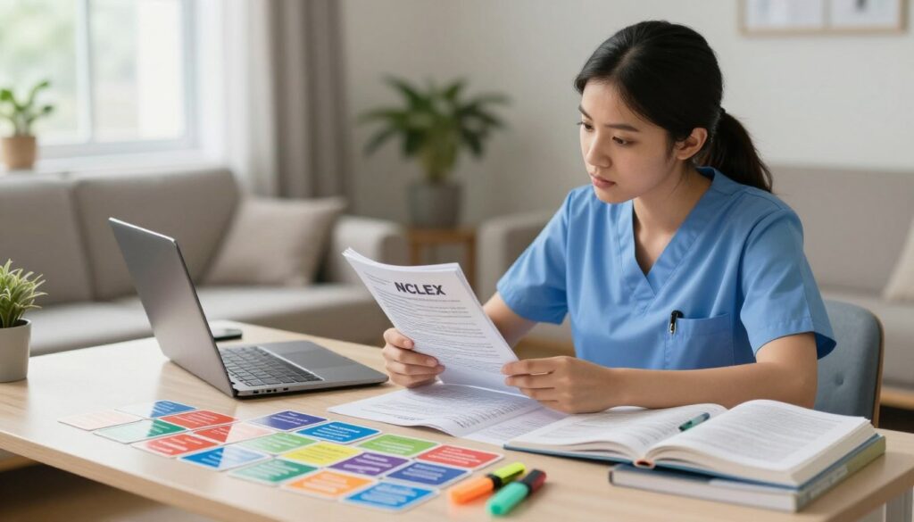 A serene and focused study scene featuring a diligent nursing student, dressed in professional attire, reviewing key concepts for the NCLEX exam. In the foreground, a neatly organized study desk is scattered with colorful flashcards, textbooks, and highlighters, reflecting essential nursing topics. The middle section showcases the student, seated with a determined expression, glancing at a study guide, with notes and a laptop open, creating a sense of preparation. In the background, a cozy, well-lit room with soft natural light filtering through a window enhances the atmosphere of calm focus. The overall mood is one of confidence and readiness, emphasizing the importance of a brief but effective review before the big day.