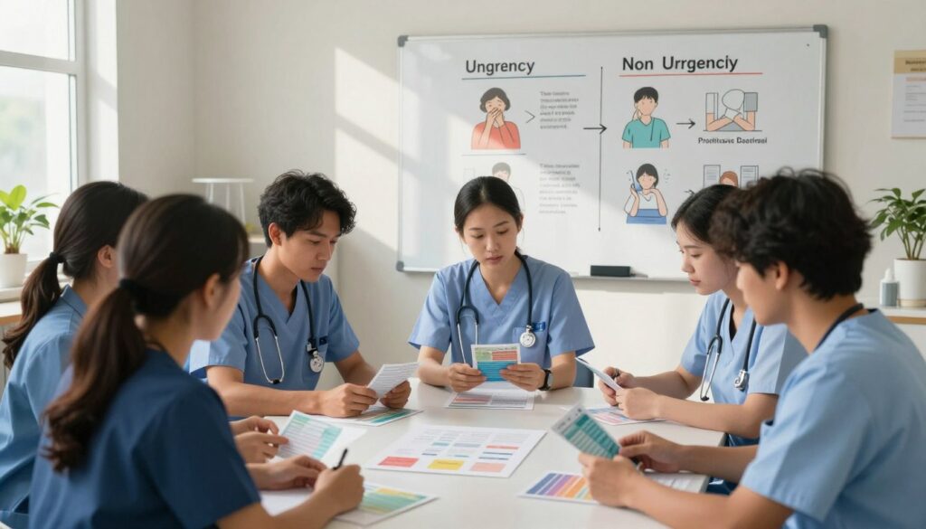 A serene and informative scene depicting a nurse prioritizing tasks for NCLEX exam preparation. In the foreground, a diverse group of professionals in scrubs and professional attire are gathered around a table, reviewing colorful flashcards and charts illustrating prioritization techniques. In the middle ground, a whiteboard displays a clear diagram contrasting urgency versus non-urgency with various medical scenarios, like a patient in distress next to one receiving routine care. The background features a well-organized study environment with natural light streaming through a window, casting soft shadows, creating an atmosphere of focus and collaboration. The overall mood is calm, encouraging learning, and mastery of prioritization in nursing. A serene and informative scene depicting a nurse prioritizing tasks for NCLEX exam preparation. In the foreground, a diverse group of professionals in scrubs and professional attire are gathered around a table, reviewing colorful flashcards and charts illustrating prioritization techniques. In the middle ground, a whiteboard displays a clear diagram contrasting urgency versus non-urgency with various medical scenarios, like a patient in distress next to one receiving routine care. The background features a well-organized study environment with natural light streaming through a window, casting soft shadows, creating an atmosphere of focus and collaboration. The overall mood is calm, encouraging learning, and mastery of prioritization in nursing.