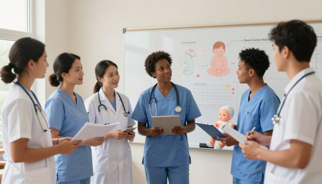A serene and informative scene illustrating Maternal and Child Health Topics for NCLEX examination. In the foreground, a diverse group of healthcare professionals dressed in professional attire stands engaged in discussion, holding charts and baby models. The middle ground showcases an educational setting with a large whiteboard displaying maternal health diagrams, infant care practices, and growth charts. The background features soft, natural lighting streaming in through a window, creating a warm atmosphere. The focus is on the collaboration and exchange of knowledge among the professionals, conveying a sense of mastery and support in tackling complex topics. The overall mood is encouraging and optimistic, promoting a sense of learning and teamwork.