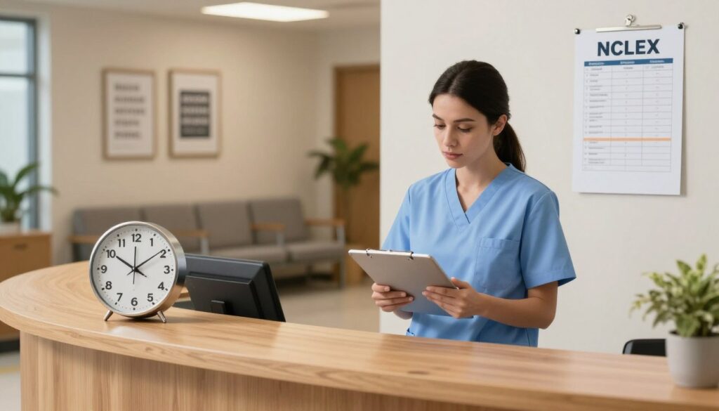 A serene and informative scene illustrating recommended arrival guidelines for the NCLEX exam. In the foreground, a well-organized wooden reception desk adorned with an elegant clock displaying a time just before the exam start. In the middle ground, a focused female nursing student dressed in professional attire, holding a clipboard, consults a digital tablet while glancing at a printed schedule pinned on the wall. The background reveals a calm waiting area with comfortable seating, soft lighting, and framed motivational quotes about preparation and success. The overall atmosphere is professional yet inviting, created with warm lighting to instill a sense of confidence and readiness. The scene should communicate a sense of timely preparation without any text or distracting elements. A serene and informative scene illustrating recommended arrival guidelines for the NCLEX exam. In the foreground, a well-organized wooden reception desk adorned with an elegant clock displaying a time just before the exam start. In the middle ground, a focused female nursing student dressed in professional attire, holding a clipboard, consults a digital tablet while glancing at a printed schedule pinned on the wall. The background reveals a calm waiting area with comfortable seating, soft lighting, and framed motivational quotes about preparation and success. The overall atmosphere is professional yet inviting, created with warm lighting to instill a sense of confidence and readiness. The scene should communicate a sense of timely preparation without any text or distracting elements.