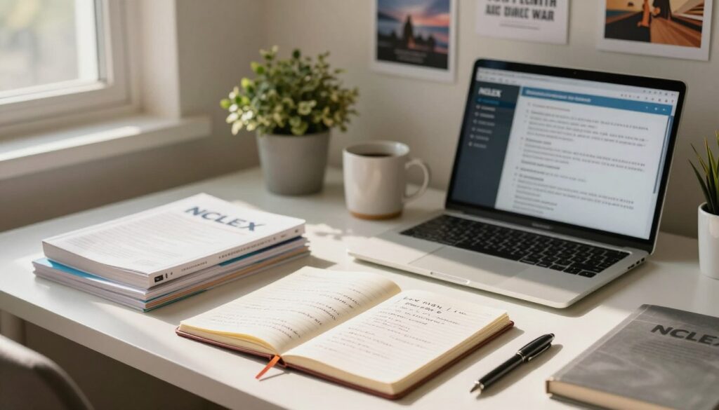 A serene and inspiring study environment depicting a neatly organized desk with NCLEX study materials, including textbooks, notes, and a laptop opened to a digital study guide. In the foreground, a decorative notepad displays handwritten positive affirmations like "I am capable," "I will succeed," and "Every day I grow stronger." Soft, warm lighting filters in from a nearby window, casting gentle shadows across the desk, creating a calm ambiance. In the middle, a plant and a coffee mug add a cozy touch. In the background, soft-focus motivational posters are tastefully arranged on the wall, featuring uplifting imagery but no text. The mood should feel optimistic and encouraging, emphasizing focus and determination without any distractions.