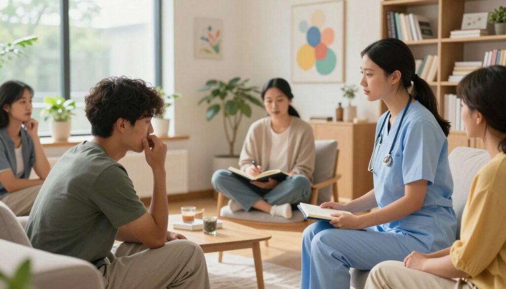 A serene and inviting mental health nursing environment, featuring a compassionate nurse in professional business attire engaging with a diverse group of patients in a comfortable, well-lit setting. The foreground captures a nurse attentively listening to a young man expressing his feelings, sitting on a soft couch surrounded by soothing colors. In the middle, a woman sits cross-legged on a chair, writing in a journal, while another patient thoughtfully gazes out a large window adorned with plants. The background displays calming artwork on the walls and bookshelves filled with mental health resources. Soft natural light filters in, creating a warm atmosphere, and the overall mood is one of support, understanding, and healing. A serene and inviting mental health nursing environment, featuring a compassionate nurse in professional business attire engaging with a diverse group of patients in a comfortable, well-lit setting. The foreground captures a nurse attentively listening to a young man expressing his feelings, sitting on a soft couch surrounded by soothing colors. In the middle, a woman sits cross-legged on a chair, writing in a journal, while another patient thoughtfully gazes out a large window adorned with plants. The background displays calming artwork on the walls and bookshelves filled with mental health resources. Soft natural light filters in, creating a warm atmosphere, and the overall mood is one of support, understanding, and healing.