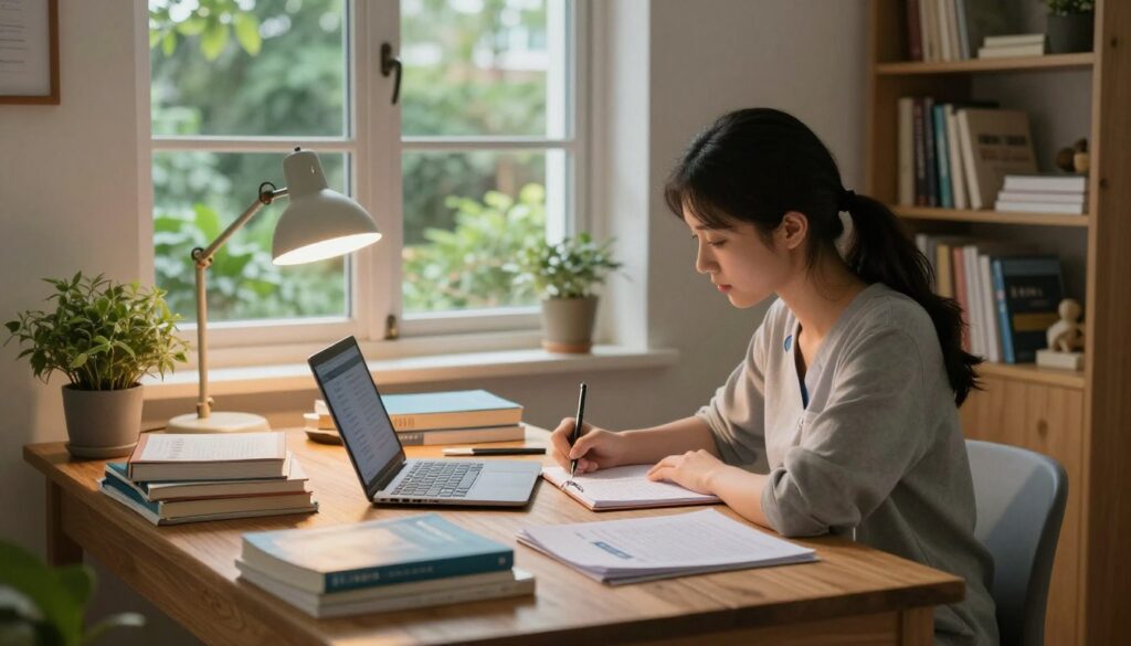 A serene and organized NCLEX study environment featuring a large wooden desk cluttered with textbooks, study guides, and a laptop. In the foreground, a focused nursing student, dressed in modest casual attire, sits at the desk taking notes, illuminated by soft, warm lighting from a desk lamp. To the left, a small potted plant adds a touch of greenery. In the middle ground, an open window reveals a tranquil view of a garden, letting in natural light that enhances the peaceful atmosphere. The background shows a bookshelf filled with nursing resources and personal items, contributing to a cozy, inviting study space. The overall mood is calm and focused, ideal for productive studying.