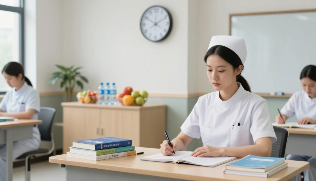 A serene and organized testing center, emphasizing the theme of breaks during the NCLEX examination. In the foreground, a well-dressed nurse or nursing student, wearing professional business attire, sits at a desk with a focused expression, surrounded by textbooks and study materials. The middle ground features a clock showing break time, alongside a neatly arranged snack station with healthy food options like fruits and bottled water. In the background, light pours in from large windows, creating a calming atmosphere for relaxation. Soft lighting highlights the cleanliness and orderliness of the environment. The overall mood conveys a mix of concentration and relief, encapsulating the importance of breaks during the NCLEX.