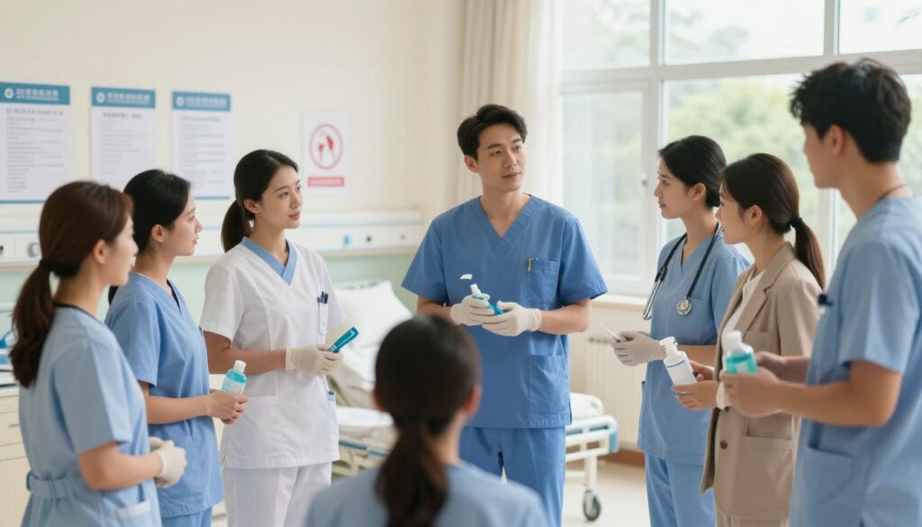 A serene and professional nursing environment showcasing the importance of safety measures in nursing. In the foreground, a diverse group of nurses in professional scrubs and business attire are engaged in a safety training session, discussing protocols and holding safety equipment like gloves and hand sanitizers. In the middle ground, a well-organized clinical setting featuring charts, safety signs, and a comforting, clean atmosphere. The background presents a soft-focus view of a hospital ward with bright, natural lighting filtering through large windows, enhancing the feeling of trust and care. The overall mood is one of assurance and responsibility, emphasizing the integration of safety into nursing philosophy with a warm and inviting color palette.