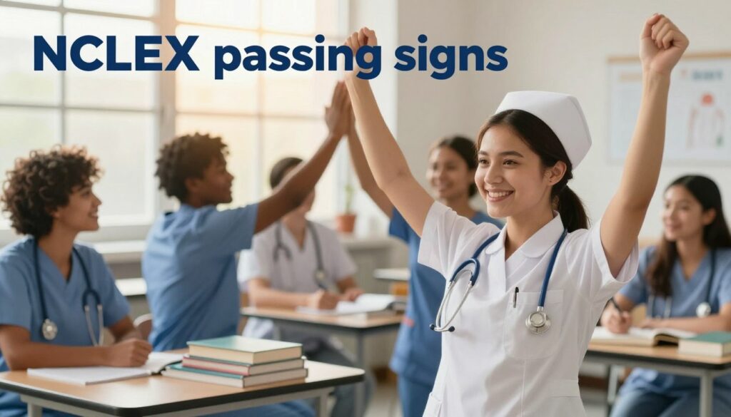 A serene and uplifting scene illustrating the concept of "NCLEX passing signs." In the foreground, a hopeful young nurse in professional attire, radiating joy and confidence, is celebrating with a subtle smile and raised arms in triumph. The middle ground features a group of diverse nursing students, also in professional clothing, exchanging joyful glances and high-fives, symbolizing camaraderie and shared success. The background showcases a bright, open study environment filled with nursing textbooks and a large window letting in warm, golden sunlight, creating an inviting atmosphere. Soft focus on the background enhances the emotional depth of the moment, capturing feelings of relief and enthusiasm. The overall mood is triumphant and positive, evoking a sense of achievement and hope for those who aspire to pass the NCLEX. A serene and uplifting scene illustrating the concept of "NCLEX passing signs." In the foreground, a hopeful young nurse in professional attire, radiating joy and confidence, is celebrating with a subtle smile and raised arms in triumph. The middle ground features a group of diverse nursing students, also in professional clothing, exchanging joyful glances and high-fives, symbolizing camaraderie and shared success. The background showcases a bright, open study environment filled with nursing textbooks and a large window letting in warm, golden sunlight, creating an inviting atmosphere. Soft focus on the background enhances the emotional depth of the moment, capturing feelings of relief and enthusiasm. The overall mood is triumphant and positive, evoking a sense of achievement and hope for those who aspire to pass the NCLEX.