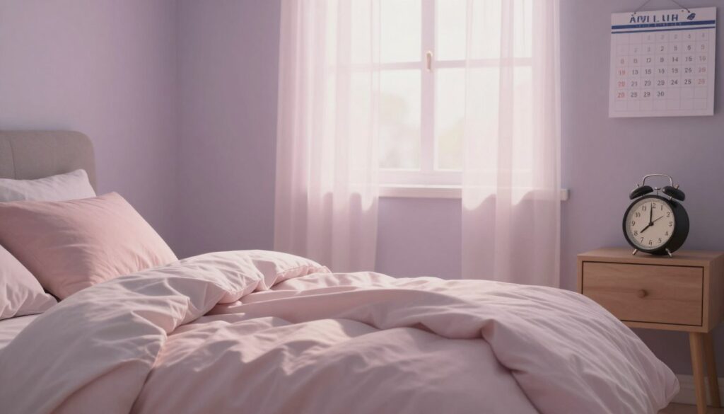 A serene bedroom scene illustrating the concept of ideal sleep duration for optimal performance. In the foreground, a cozy bed with a neatly arranged comforter and soft pillows, invitingly made for rest. To the side, a stylish bedside table with a clock showing 8 hours, symbolizing recommended sleep duration. In the middle ground, a calm pastel color palette, emphasizing tranquility, with soft lighting casting gentle shadows. The background features a window with sheer curtains, allowing soft morning light to filter in, creating a peaceful atmosphere. A subtle hint of a wall calendar hanging nearby, emphasizing the importance of proper sleep leading up to the NCLEX exam. The overall mood feels relaxing and focused, perfectly capturing the essence of restful preparation for an important challenge. No people or text in the image. A serene bedroom scene illustrating the concept of ideal sleep duration for optimal performance. In the foreground, a cozy bed with a neatly arranged comforter and soft pillows, invitingly made for rest. To the side, a stylish bedside table with a clock showing 8 hours, symbolizing recommended sleep duration. In the middle ground, a calm pastel color palette, emphasizing tranquility, with soft lighting casting gentle shadows. The background features a window with sheer curtains, allowing soft morning light to filter in, creating a peaceful atmosphere. A subtle hint of a wall calendar hanging nearby, emphasizing the importance of proper sleep leading up to the NCLEX exam. The overall mood feels relaxing and focused, perfectly capturing the essence of restful preparation for an important challenge. No people or text in the image.