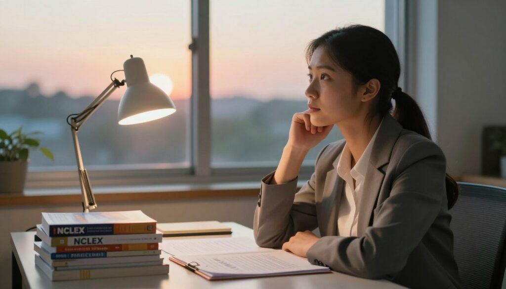 A serene, contemplative scene depicting a nursing student seated at a study table, radiating confidence and inner strength, symbolizing the feeling of passing the NCLEX. In the foreground, the student, a young adult in professional business attire, gazes thoughtfully at a stack of NCLEX review books and notes. The middle ground features a softly glowing desk lamp illuminating the materials, creating a warm, reassuring hue. In the background, a window shows a peaceful landscape with a sunrise, symbolizing new beginnings. The overall mood is one of hope and determination, with natural lighting highlighting the student’s focused expression. Utilize a soft focus effect to evoke a dreamy, introspective atmosphere, with a gently blurred bokeh in the background for added depth. A serene, contemplative scene depicting a nursing student seated at a study table, radiating confidence and inner strength, symbolizing the feeling of passing the NCLEX. In the foreground, the student, a young adult in professional business attire, gazes thoughtfully at a stack of NCLEX review books and notes. The middle ground features a softly glowing desk lamp illuminating the materials, creating a warm, reassuring hue. In the background, a window shows a peaceful landscape with a sunrise, symbolizing new beginnings. The overall mood is one of hope and determination, with natural lighting highlighting the student’s focused expression. Utilize a soft focus effect to evoke a dreamy, introspective atmosphere, with a gently blurred bokeh in the background for added depth.