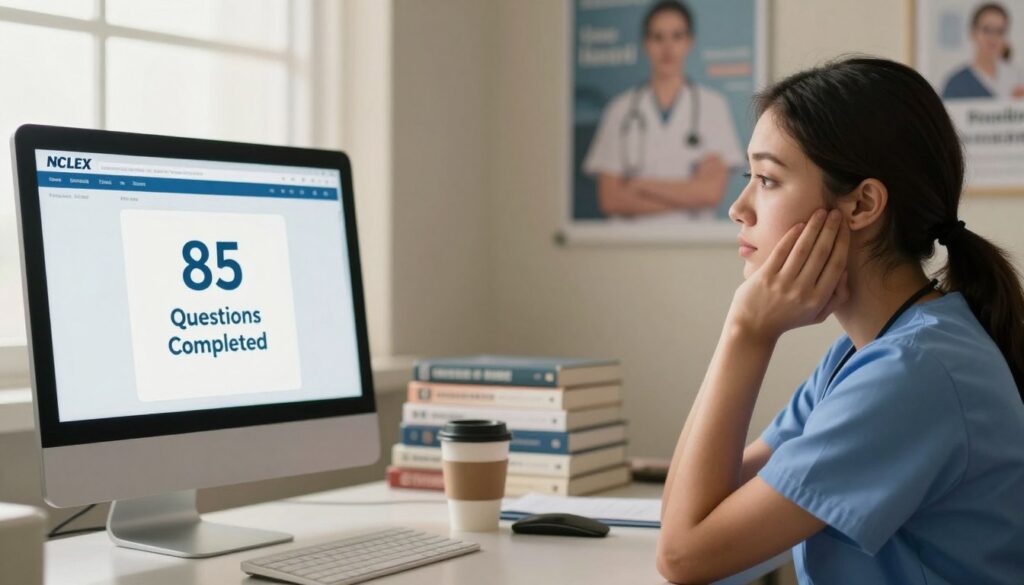 A serene examination room with a computer screen displaying the NCLEX interface, showing "85 Questions Completed" in a soft glow. In the foreground, a focused nursing student wearing professional attire, sitting at a desk, looks relieved and contemplative. The middle ground features a blurred stack of nursing textbooks and a coffee cup, adding a sense of study and preparation. The background shows a motivational poster about success in nursing, softly illuminated by natural light from a window, creating a warm and calm atmosphere. The scene conveys a moment of achievement and contemplation, with an emphasis on professionalism and the significance of the exam experience. Use soft, warm lighting to enhance the mood. A serene examination room with a computer screen displaying the NCLEX interface, showing "85 Questions Completed" in a soft glow. In the foreground, a focused nursing student wearing professional attire, sitting at a desk, looks relieved and contemplative. The middle ground features a blurred stack of nursing textbooks and a coffee cup, adding a sense of study and preparation. The background shows a motivational poster about success in nursing, softly illuminated by natural light from a window, creating a warm and calm atmosphere. The scene conveys a moment of achievement and contemplation, with an emphasis on professionalism and the significance of the exam experience. Use soft, warm lighting to enhance the mood.