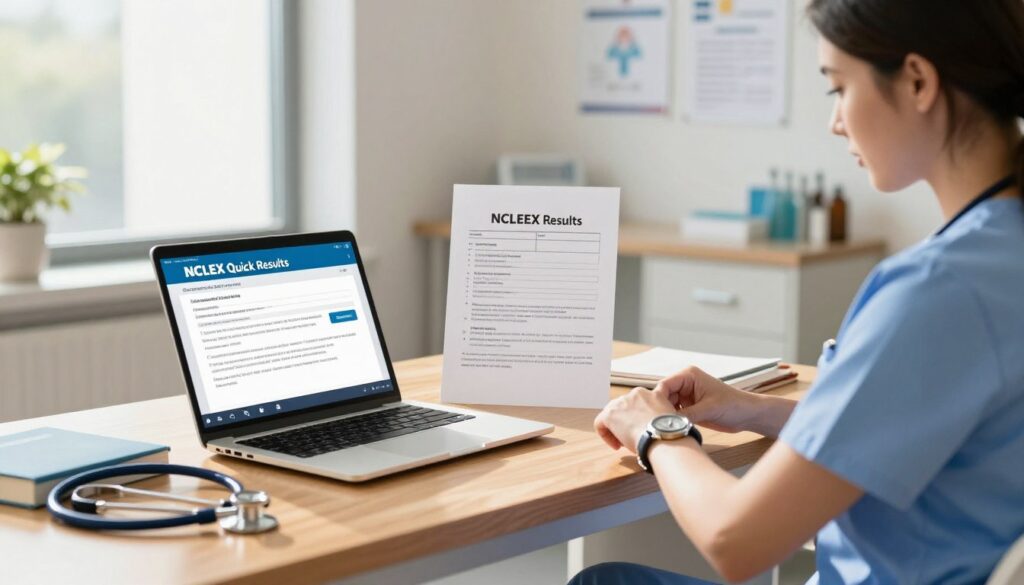 A serene healthcare environment featuring a polished wooden desk with a laptop displaying the NCLEX Quick Results interface, brightly lit by natural sunlight streaming through a window. In the foreground, a professional nurse in a smart business attire examines her watch, embodying anticipation. The middle ground showcases a printed NCLEX results page, crisp and clear, alongside medical textbooks and a stethoscope. The background reveals soft-focus elements of a modern hospital with nurse stations and charts on the wall, creating a sense of urgency and professionalism. The overall mood is focused and hopeful, with warm colors promoting a sense of reassurance and clarity, capturing the essence of the Quick Results Service in nursing exams.