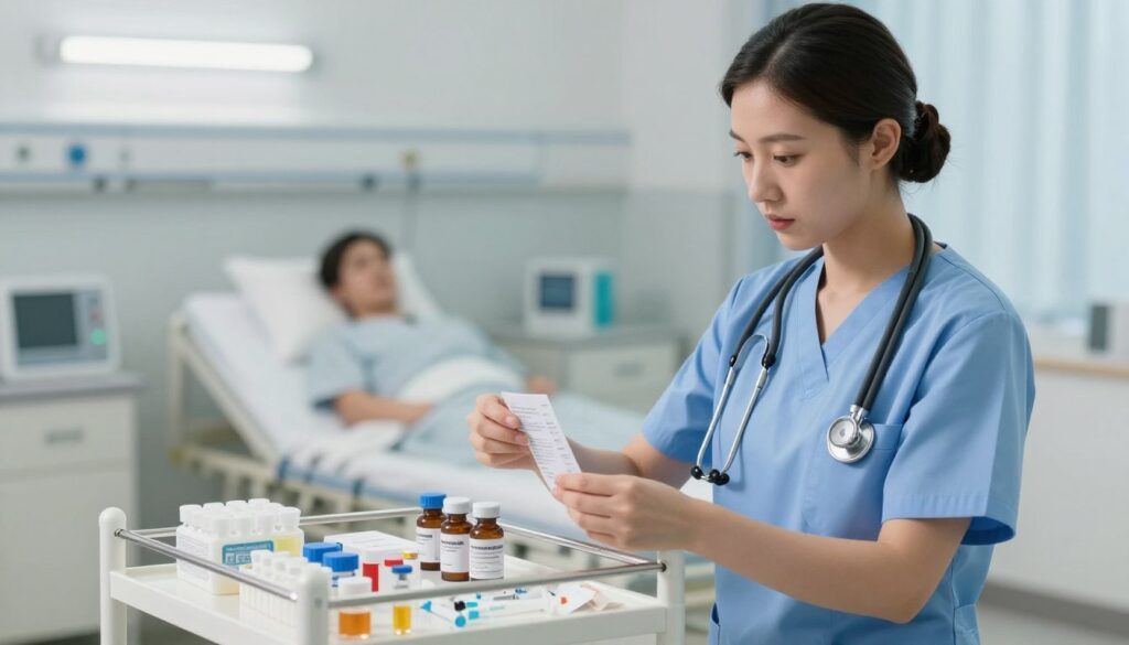 A serene healthcare setting featuring a nurse in professional scrubs, attentively preparing medication at a clean, organized medication cart. The foreground showcases the nurse's focused expression, with a stethoscope around her neck and hands carefully checking medication labels. In the middle ground, a well-stocked cart is visible, containing clearly labeled vials and syringes, with an emphasis on accuracy and safety procedures. The background displays a soft-focus hospital room with soothing lighting, highlighting a patient care area with medical equipment. The atmosphere is calm and professional, evoking a sense of responsibility and diligence in safe medication administration practices. The image should suggest a commitment to patient safety without any distractions or text overlays.