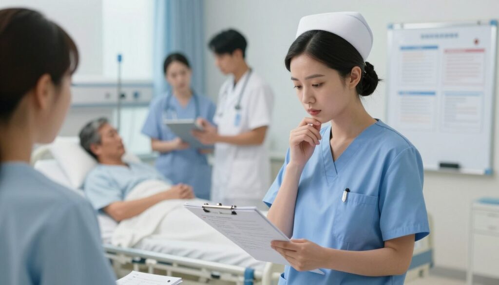 A serene hospital environment showcasing a nurse deeply engaged in critical thinking during a patient assessment. In the foreground, a focused nurse in professional scrubs examines patient charts and medical notes on a clipboard, symbolizing clinical judgment. The middle ground features a patient bed with medical equipment, highlighting the dynamic nursing context. The background includes blurred images of supportive staff and a whiteboard filled with case study notes, representing collaboration and communication. Soft, natural lighting filters through large windows, creating a calm and professional atmosphere. The lens captures the scene with a slight depth of field effect, drawing attention to the nurse's contemplative expression. The overall mood is one of professionalism and deliberation, emphasizing the importance of critical thinking in nursing. A serene hospital environment showcasing a nurse deeply engaged in critical thinking during a patient assessment. In the foreground, a focused nurse in professional scrubs examines patient charts and medical notes on a clipboard, symbolizing clinical judgment. The middle ground features a patient bed with medical equipment, highlighting the dynamic nursing context. The background includes blurred images of supportive staff and a whiteboard filled with case study notes, representing collaboration and communication. Soft, natural lighting filters through large windows, creating a calm and professional atmosphere. The lens captures the scene with a slight depth of field effect, drawing attention to the nurse's contemplative expression. The overall mood is one of professionalism and deliberation, emphasizing the importance of critical thinking in nursing.