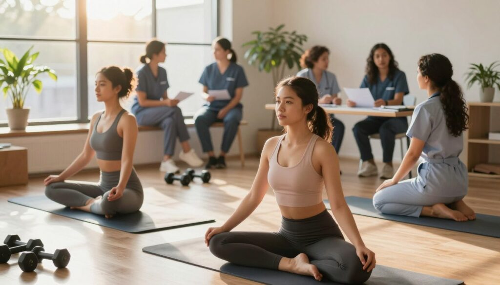 A serene indoor scene showcasing a group of diverse nursing students engaging in physical activities as part of their NCLEX study regimen. In the foreground, two students in comfortable, modest athletic wear are practicing yoga, radiating focus and calmness. The middle ground features a small workout area with light equipment, like dumbbells and exercise mats, while other students are taking part in a lively discussion about study strategies. The background incorporates a large window, allowing warm, natural sunlight to filter in, casting a soft glow on the scene. A few potted plants add a touch of greenery, enhancing the overall atmosphere of wellness and motivation. The image captures an uplifting and supportive environment conducive to both physical activity and effective NCLEX preparation.
