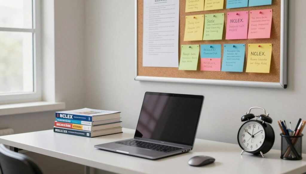 A serene office environment showcasing a professional workspace dedicated to nursing education. In the foreground, a neatly organized desk features a closed laptop, a stack of NCLEX study books, and a clock indicating a passing time, symbolizing the waiting period. In the middle, a wall-mounted bulletin board displays colorful reminders about state regulations and NCLEX retake intervals. The background reveals a window with soft natural light filtering through, illuminating the room. The atmosphere is calm and focused, evoking a sense of determination and preparation. The entire scene is viewed from a slightly elevated angle, emphasizing the organized workspace while maintaining a professional aesthetic. A serene office environment showcasing a professional workspace dedicated to nursing education. In the foreground, a neatly organized desk features a closed laptop, a stack of NCLEX study books, and a clock indicating a passing time, symbolizing the waiting period. In the middle, a wall-mounted bulletin board displays colorful reminders about state regulations and NCLEX retake intervals. The background reveals a window with soft natural light filtering through, illuminating the room. The atmosphere is calm and focused, evoking a sense of determination and preparation. The entire scene is viewed from a slightly elevated angle, emphasizing the organized workspace while maintaining a professional aesthetic.
