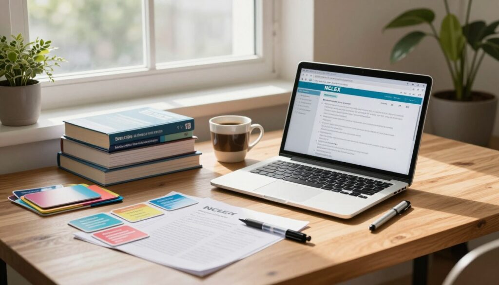A serene, organized study space featuring a wooden desk with an open laptop displaying NCLEX study materials. In the foreground, various colorful study aids like flashcards and highlighters are neatly arranged, showcasing effective study techniques. The middle ground includes a neatly stacked pile of nursing textbooks and a cup of coffee, suggesting a focused study session. In the background, a large window allows soft, natural light to flood the room, casting gentle shadows and creating a calm atmosphere. A potted plant adds a touch of greenery, promoting a refreshing mood. The overall scene conveys diligence and concentration, ideal for a productive study environment aimed at NCLEX preparation.