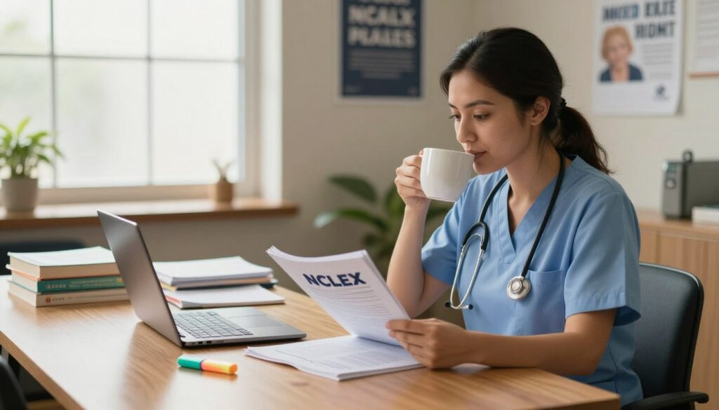 A serene, professional study environment showcasing an NCLEX exam break scene. In the foreground, a nurse in professional business attire sits at a wooden table, sipping coffee and reviewing a study guide. The nurse exhibits a relaxed expression, embodying a moment of calm amidst the exam preparation. In the middle ground, various study materials like textbooks, a laptop, and highlighters are neatly arranged, suggesting a focused atmosphere. In the background, soft natural light filters through a window, creating a warm and inviting ambiance. The overall mood is one of tranquility and concentration, emphasizing the importance of breaks during intensive exam preparation. The room is subtly decorated with motivational posters related to nursing. The image captures the essence of taking a moment to breathe and refresh during a challenging study session.