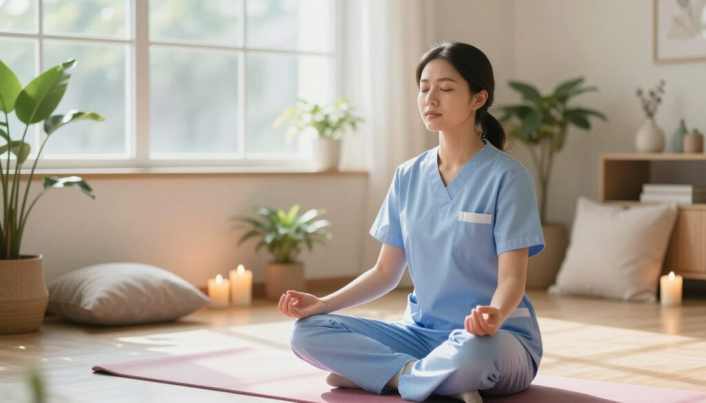 A serene scene depicting a professional female nurse practicing mindfulness in a peaceful, sunlit room. In the foreground, she is seated cross-legged on a soft, colorful yoga mat, her eyes gently closed, and a peaceful expression on her face. The middle ground features plants and calming decor, such as candles and soft cushions, creating an inviting atmosphere. The background showcases a large window allowing natural light to flood in, illuminating the room with a warm glow. The lens captures a soft focus effect, enhancing the tranquil mood. The overall ambiance communicates relaxation and mental clarity, emphasizing the theme of anxiety relief before the NCLEX exam. A serene scene depicting a professional female nurse practicing mindfulness in a peaceful, sunlit room. In the foreground, she is seated cross-legged on a soft, colorful yoga mat, her eyes gently closed, and a peaceful expression on her face. The middle ground features plants and calming decor, such as candles and soft cushions, creating an inviting atmosphere. The background showcases a large window allowing natural light to flood in, illuminating the room with a warm glow. The lens captures a soft focus effect, enhancing the tranquil mood. The overall ambiance communicates relaxation and mental clarity, emphasizing the theme of anxiety relief before the NCLEX exam.