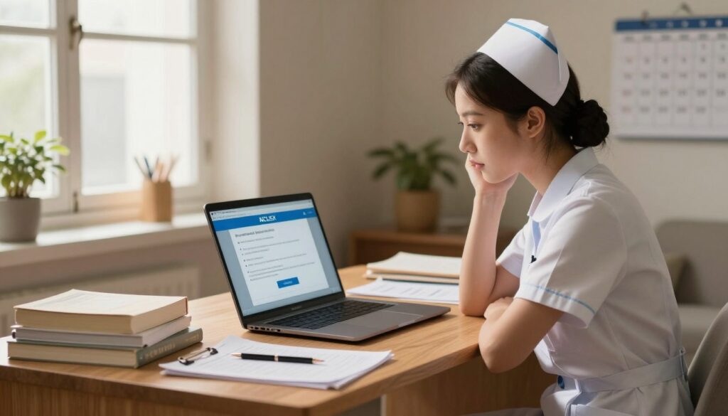 A serene scene depicting a young nurse sitting at a wooden desk in a softly lit room, anxiously reviewing her NCLEX pass/fail notification on her laptop. In the foreground, the nurse, dressed in a crisp professional attire with neatly styled hair, is surrounded by study materials, including textbooks and notes. In the middle, the laptop's screen displays an email notification with a professional layout, hinting at the notification period. The background features warm lighting filtering through a window, casting a gentle glow over the room, and a calendar on the wall marking the NCLEX results date. The overall mood should convey anticipation and hope, emphasizing the journey of preparation and the significance of the results. A serene scene depicting a young nurse sitting at a wooden desk in a softly lit room, anxiously reviewing her NCLEX pass/fail notification on her laptop. In the foreground, the nurse, dressed in a crisp professional attire with neatly styled hair, is surrounded by study materials, including textbooks and notes. In the middle, the laptop's screen displays an email notification with a professional layout, hinting at the notification period. The background features warm lighting filtering through a window, casting a gentle glow over the room, and a calendar on the wall marking the NCLEX results date. The overall mood should convey anticipation and hope, emphasizing the journey of preparation and the significance of the results.