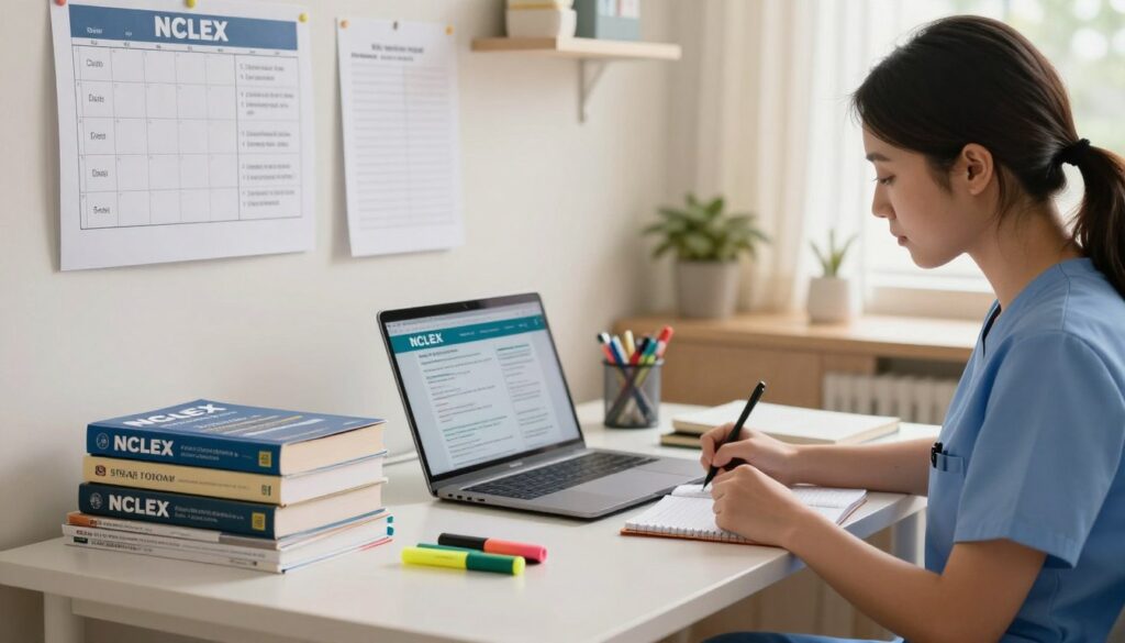 A serene study environment capturing the essence of NCLEX exam readiness. In the foreground, a well-organized desk with a stack of NCLEX review books, highlighters, and a laptop displaying exam resources. A focused nursing student dressed in professional attire diligently takes notes, embodying commitment and concentration. In the middle ground, a wall adorned with study schedules and motivational quotes, symbolizing effective study habits. The background softly fades into a cozy study area, filled with warm, natural lighting filtering through a window, creating an inviting atmosphere. The overall mood feels encouraging and thoughtful, emphasizing preparedness and determination for the NCLEX exam. A serene study environment capturing the essence of NCLEX exam readiness. In the foreground, a well-organized desk with a stack of NCLEX review books, highlighters, and a laptop displaying exam resources. A focused nursing student dressed in professional attire diligently takes notes, embodying commitment and concentration. In the middle ground, a wall adorned with study schedules and motivational quotes, symbolizing effective study habits. The background softly fades into a cozy study area, filled with warm, natural lighting filtering through a window, creating an inviting atmosphere. The overall mood feels encouraging and thoughtful, emphasizing preparedness and determination for the NCLEX exam.