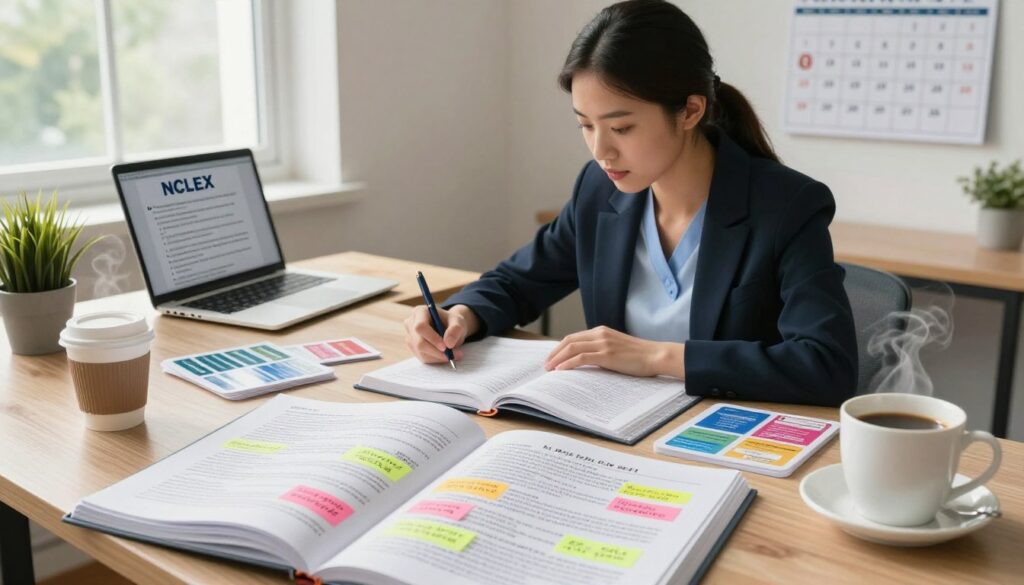 A serene study environment dedicated to NCLEX exam preparation. In the foreground, an open notebook filled with high-yield content notes, colorful sticky flags on important topics, and a coffee cup steaming gently. In the middle, a focused nursing student in professional business attire, deep in thought while highlighting key information in a textbook, surrounded by flashcards. The background features a well-organized study desk with a laptop displaying NCLEX practice questions, a small plant for a touch of nature, and a wall calendar marking the exam date. Soft, natural lighting streams in from a window, creating a warm, inviting atmosphere that conveys determination and focus. The angle captures both the student and the study materials, emphasizing the importance of prioritizing effective study techniques. A serene study environment dedicated to NCLEX exam preparation. In the foreground, an open notebook filled with high-yield content notes, colorful sticky flags on important topics, and a coffee cup steaming gently. In the middle, a focused nursing student in professional business attire, deep in thought while highlighting key information in a textbook, surrounded by flashcards. The background features a well-organized study desk with a laptop displaying NCLEX practice questions, a small plant for a touch of nature, and a wall calendar marking the exam date. Soft, natural lighting streams in from a window, creating a warm, inviting atmosphere that conveys determination and focus. The angle captures both the student and the study materials, emphasizing the importance of prioritizing effective study techniques.