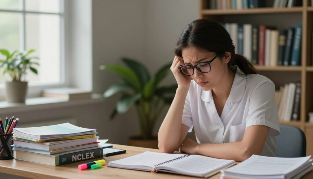 A serene study environment depicting a nursing student feeling overwhelmed. In the foreground, a focused young woman, wearing a professional blouse and glasses, sits at a cluttered desk filled with NCLEX study materials, notebooks, and highlighters. Her expression shows a mix of concentration and concern. In the middle ground, soft ambient light filters in through a window, creating a warm and inviting atmosphere, while a potted plant adds a touch of life to the scene. The background features a bookshelf filled with medical textbooks, emphasizing the academic challenges ahead. The overall mood is one of quiet determination amidst a swirl of emotions, captured with a shallow depth of field to draw attention to the student. Use natural lighting and a soft focus to enhance the emotional impact.