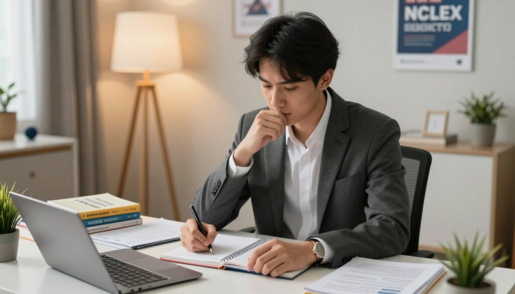 A serene study environment depicting a professional-looking young adult in business attire, sitting at a desk surrounded by study materials for the NCLEX exam. The foreground features a thoughtful expression on their face as they use a mindfulness technique, such as deep breathing or writing notes in a journal. In the middle, include organized study materials such as textbooks, a laptop, and calming items like a stress ball or a small plant. The background showcases a well-lit room with warm, inviting lighting and motivational posters on the wall. The overall mood is focused and peaceful, emphasizing effective strategies to overcome test anxiety and promoting a sense of preparation and confidence. Use a slight overhead angle to capture the entire study scene creatively.