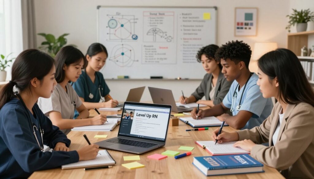 A serene study environment depicting a well-organized desk with a laptop open to a YouTube channel titled "Level Up RN". In the foreground, a diverse group of nursing students, dressed in professional business attire, are eagerly watching a video on critical thinking skills. They are engaged and taking notes, with study materials scattered around: NCLEX review books, highlighters, and sticky notes. In the middle background, a whiteboard covered in diagrams and study tips adds depth, while soft, warm lighting creates a focused and motivating atmosphere. A comfortable, cozy room filled with plants and inspirational quotes enhances the positive vibe of committed learning and preparation. The scene evokes a sense of collaboration, determination, and a supportive environment for nursing exam preparation.
