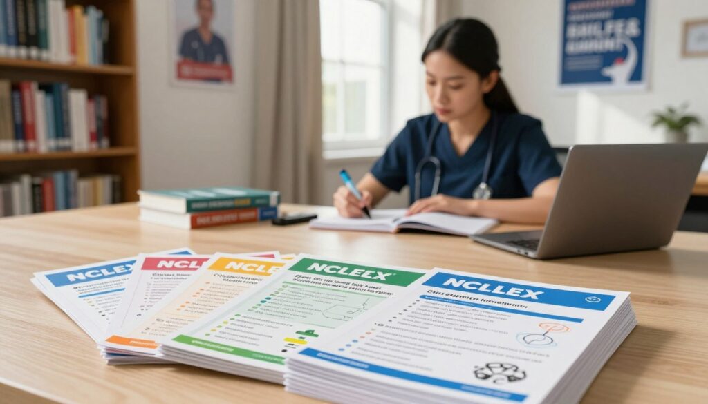 A serene study environment depicting an organized desk with NCLEX exam materials. In the foreground, a stack of colorful NCLEX priority question cards, neatly arranged, showcasing key concepts with visual elements like bullet points and charts. In the middle ground, a focused nursing student in professional attire, absorbed in studying, with a highlighter in hand and a notebook open, surrounded by textbooks and a laptop. The background features a softly lit room with bookshelves filled with nursing textbooks and motivational posters on the walls. The atmosphere is calm and inspiring, with warm, natural light filtering through a nearby window, creating a sense of focus and determination. A serene study environment depicting an organized desk with NCLEX exam materials. In the foreground, a stack of colorful NCLEX priority question cards, neatly arranged, showcasing key concepts with visual elements like bullet points and charts. In the middle ground, a focused nursing student in professional attire, absorbed in studying, with a highlighter in hand and a notebook open, surrounded by textbooks and a laptop. The background features a softly lit room with bookshelves filled with nursing textbooks and motivational posters on the walls. The atmosphere is calm and inspiring, with warm, natural light filtering through a nearby window, creating a sense of focus and determination.