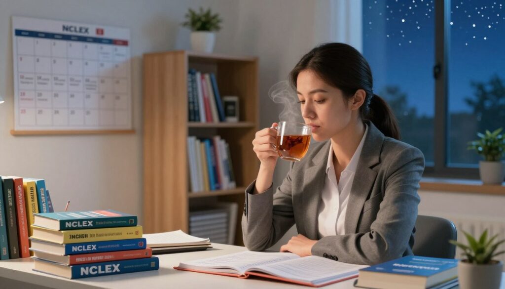 A serene study environment designed to alleviate last-minute anxiety before an exam. In the foreground, a young adult woman in professional business attire sits at a desk strewn with NCLEX review books and colorful study notes, her focused expression radiating calm determination. She sips herbal tea from a steaming mug, surrounded by soft, ambient lighting that casts a warm glow. The middle ground features a wall-mounted calendar with motivational quotes and a neatly arranged bookshelf filled with nursing textbooks. In the background, a large window reveals a peaceful nighttime scene with stars twinkling in the deep blue sky. Gentle, natural light filters in, enhancing the tranquil atmosphere. The image conveys a sense of peace and preparedness, creating a positive mood for study and reflection. A serene study environment designed to alleviate last-minute anxiety before an exam. In the foreground, a young adult woman in professional business attire sits at a desk strewn with NCLEX review books and colorful study notes, her focused expression radiating calm determination. She sips herbal tea from a steaming mug, surrounded by soft, ambient lighting that casts a warm glow. The middle ground features a wall-mounted calendar with motivational quotes and a neatly arranged bookshelf filled with nursing textbooks. In the background, a large window reveals a peaceful nighttime scene with stars twinkling in the deep blue sky. Gentle, natural light filters in, enhancing the tranquil atmosphere. The image conveys a sense of peace and preparedness, creating a positive mood for study and reflection.