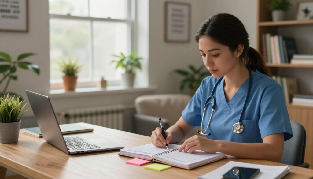 A serene study environment designed to prevent NCLEX burnout, featuring an organized desk with a planner, colorful sticky notes, and a laptop open to a study guide. In the foreground, a female nursing student in professional attire adjusts her study schedule, focusing intently. The middle ground showcases a well-lit room with a large window letting in natural light, plants on the windowsill, and motivational quotes on the wall. The background includes a cozy armchair and a bookshelf filled with nursing books. The mood is calm and productive, evoking a sense of balance and control. The lighting is warm and inviting, with a shallow depth of field to emphasize the foreground elements. A serene study environment designed to prevent NCLEX burnout, featuring an organized desk with a planner, colorful sticky notes, and a laptop open to a study guide. In the foreground, a female nursing student in professional attire adjusts her study schedule, focusing intently. The middle ground showcases a well-lit room with a large window letting in natural light, plants on the windowsill, and motivational quotes on the wall. The background includes a cozy armchair and a bookshelf filled with nursing books. The mood is calm and productive, evoking a sense of balance and control. The lighting is warm and inviting, with a shallow depth of field to emphasize the foreground elements.