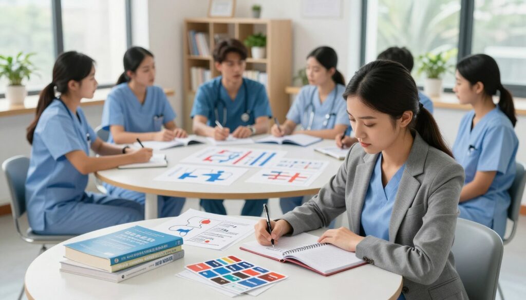 A serene study environment featuring a diverse group of nursing students engaged in critical thinking exercises. In the foreground, a focused female student in professional business attire is jotting notes in a notebook, surrounded by nursing textbooks and flashcards. The middle layers display a round table with charts and diagrams illustrating NCLEX strategies, emphasizing collaboration and discussion. The background features a bright, well-lit classroom with shelves lined with nursing resources and plants, creating a calming atmosphere. Soft natural light streams through large windows, enhancing the sense of clarity and concentration. The overall mood is one of determination, teamwork, and intellectual growth, perfectly capturing strategies to enhance critical thinking skills for NCLEX success. A serene study environment featuring a diverse group of nursing students engaged in critical thinking exercises. In the foreground, a focused female student in professional business attire is jotting notes in a notebook, surrounded by nursing textbooks and flashcards. The middle layers display a round table with charts and diagrams illustrating NCLEX strategies, emphasizing collaboration and discussion. The background features a bright, well-lit classroom with shelves lined with nursing resources and plants, creating a calming atmosphere. Soft natural light streams through large windows, enhancing the sense of clarity and concentration. The overall mood is one of determination, teamwork, and intellectual growth, perfectly capturing strategies to enhance critical thinking skills for NCLEX success.