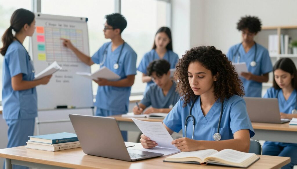 A serene study environment, featuring a diverse group of nursing students in professional business attire, intently focused on their study materials. In the foreground, a young woman with curly hair is sitting at a wooden desk, surrounded by textbooks, notes, and a laptop, displaying a look of determination and calmness as she reviews her study plan. In the middle ground, a young man with glasses is strategizing with a group, pointing to a whiteboard filled with colorful study schedules and motivational quotes. The background shows a bright, well-lit room with large windows, allowing soft natural light to filter in, creating an atmosphere of hope and motivation. The mood is encouraging and supportive, reflecting the theme of overcoming anxiety through effective planning and collaboration. A serene study environment, featuring a diverse group of nursing students in professional business attire, intently focused on their study materials. In the foreground, a young woman with curly hair is sitting at a wooden desk, surrounded by textbooks, notes, and a laptop, displaying a look of determination and calmness as she reviews her study plan. In the middle ground, a young man with glasses is strategizing with a group, pointing to a whiteboard filled with colorful study schedules and motivational quotes. The background shows a bright, well-lit room with large windows, allowing soft natural light to filter in, creating an atmosphere of hope and motivation. The mood is encouraging and supportive, reflecting the theme of overcoming anxiety through effective planning and collaboration.