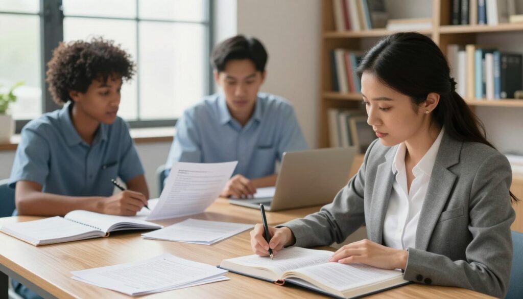 A serene study environment featuring a diverse group of three individuals engaged in preparation for English proficiency tests. In the foreground, a woman in professional attire is focused on an open textbook, surrounded by notebooks and study materials. The middle ground includes a man discussing a practice test with another student, both sitting at a wooden table cluttered with papers. The background shows a well-lit room with a large window allowing soft, natural light to enhance the atmosphere. Shelves filled with books on language and nursing create an engaging backdrop. The mood is concentrated and inspiring, reflecting determination and collaboration in a professional setting, portraying the essence of preparing for NCLEX English proficiency tests. A serene study environment featuring a diverse group of three individuals engaged in preparation for English proficiency tests. In the foreground, a woman in professional attire is focused on an open textbook, surrounded by notebooks and study materials. The middle ground includes a man discussing a practice test with another student, both sitting at a wooden table cluttered with papers. The background shows a well-lit room with a large window allowing soft, natural light to enhance the atmosphere. Shelves filled with books on language and nursing create an engaging backdrop. The mood is concentrated and inspiring, reflecting determination and collaboration in a professional setting, portraying the essence of preparing for NCLEX English proficiency tests.