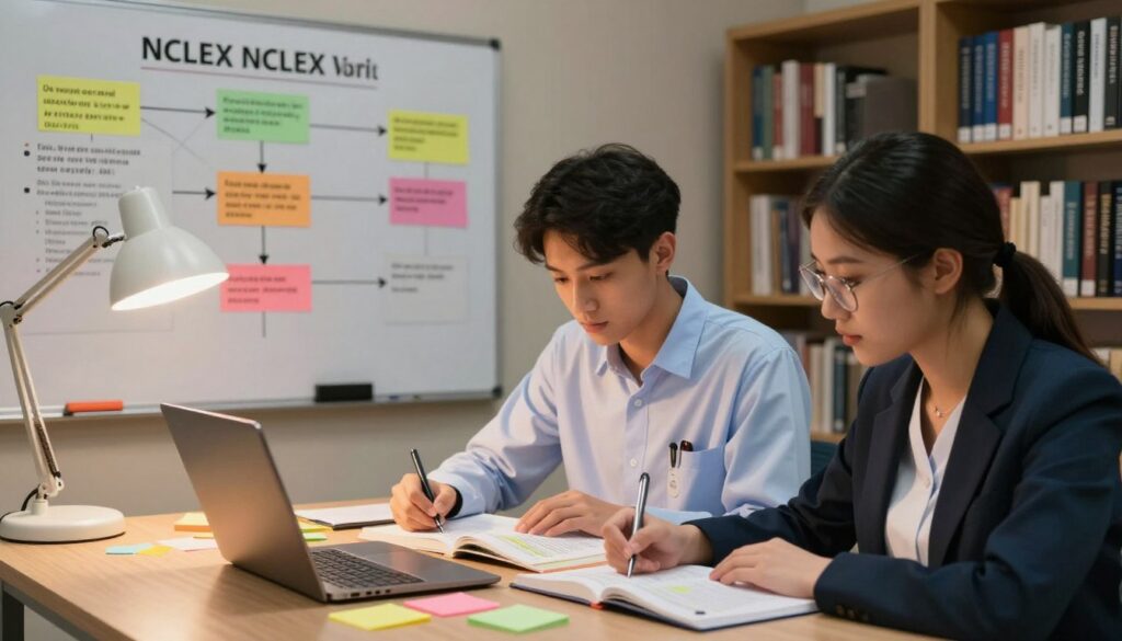A serene study environment featuring a diverse group of three nursing students, focused and engaged in reviewing NCLEX rationales. In the foreground, a young woman with glasses, wearing professional business attire, is taking notes on a laptop, surrounded by colorful sticky notes. A young man with short hair, dressed in a smart-casual shirt, leans over a textbook filled with highlighted passages. In the middle ground, a large whiteboard displays key NCLEX concepts and flowcharts in vibrant colors, showcasing techniques for retaining information. The background features a softly lit room with bookshelves filled with nursing textbooks, creating an atmosphere of productivity and learning. Warm lighting enhances the sense of focus and motivation, with a gentle glow from a nearby desk lamp illuminating the scene, emphasizing a calm yet engaged learning environment. A serene study environment featuring a diverse group of three nursing students, focused and engaged in reviewing NCLEX rationales. In the foreground, a young woman with glasses, wearing professional business attire, is taking notes on a laptop, surrounded by colorful sticky notes. A young man with short hair, dressed in a smart-casual shirt, leans over a textbook filled with highlighted passages. In the middle ground, a large whiteboard displays key NCLEX concepts and flowcharts in vibrant colors, showcasing techniques for retaining information. The background features a softly lit room with bookshelves filled with nursing textbooks, creating an atmosphere of productivity and learning. Warm lighting enhances the sense of focus and motivation, with a gentle glow from a nearby desk lamp illuminating the scene, emphasizing a calm yet engaged learning environment.