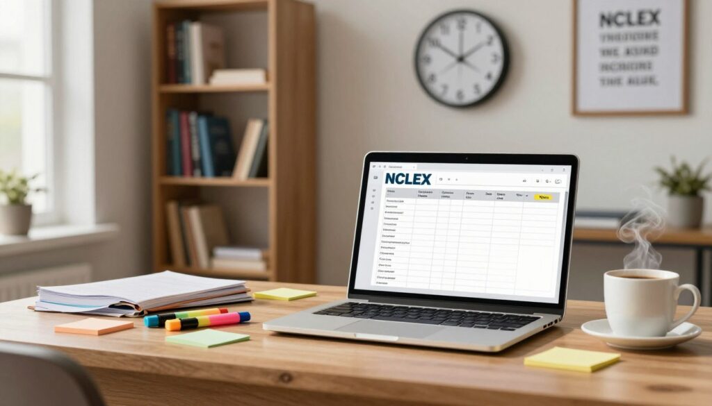 A serene study environment featuring a meticulously organized NCLEX study schedule displayed on a wooden desk. The foreground includes a laptop with the NCLEX review materials open, colorful highlighters, sticky notes, and a cup of steaming coffee. In the middle, a wall clock shows the time, symbolizing efficient study hours. The background consists of a softly lit bookshelf filled with nursing textbooks and motivational quotes framed on the walls. Natural light streams through a window, creating a warm, inviting atmosphere that enhances focus and motivation. The mood is calm yet productive, showcasing a blend of professionalism and a sense of determination, suitable for aspiring nurses preparing for their NCLEX exam. A serene study environment featuring a meticulously organized NCLEX study schedule displayed on a wooden desk. The foreground includes a laptop with the NCLEX review materials open, colorful highlighters, sticky notes, and a cup of steaming coffee. In the middle, a wall clock shows the time, symbolizing efficient study hours. The background consists of a softly lit bookshelf filled with nursing textbooks and motivational quotes framed on the walls. Natural light streams through a window, creating a warm, inviting atmosphere that enhances focus and motivation. The mood is calm yet productive, showcasing a blend of professionalism and a sense of determination, suitable for aspiring nurses preparing for their NCLEX exam.