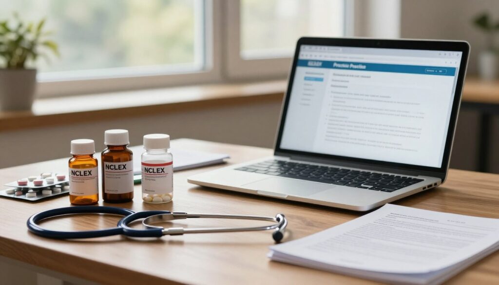 A serene study environment featuring an array of common anxiety medications on a polished wooden desk, including bottles and pill packets neatly arranged. In the foreground, a stethoscope lies beside the medications, symbolizing the nursing profession. The middle ground showcases a softly lit open laptop displaying an NCLEX practice test on the screen, with notes and study materials scattered around. In the background, a softly blurred window reveals a calming view of nature, providing an atmosphere of tranquility. The lighting is warm, enhancing the feeling of focus and calmness. The scene conveys an atmosphere of concentration and professionalism, ideal for a nursing student preparing for the NCLEX while managing anxiety.