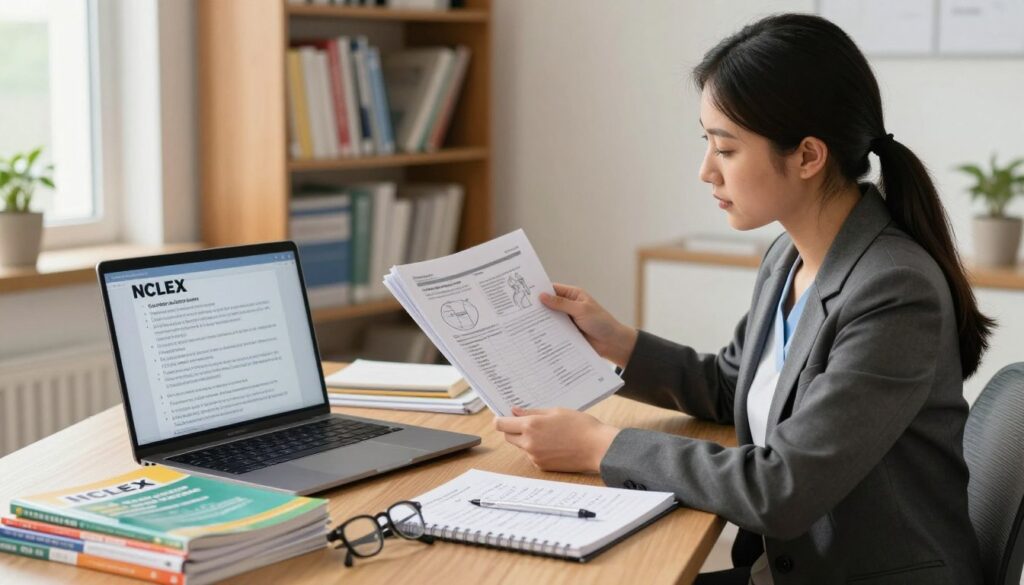 A serene study environment focused on NCLEX case study practice. In the foreground, a neatly organized wooden desk holds a laptop displaying NCLEX case study questions and a stack of colorful study guides. A pair of glasses lies beside a notepad filled with handwritten notes. In the middle, an open textbook showcases diagrams related to nursing theory, while a calm, focused nursing student in professional business attire reviews the materials. The background features a softly lit bookshelf stocked with additional resources and nursing texts. Natural light streams through a nearby window, creating a warm and inviting atmosphere. The entire scene conveys a sense of diligence and preparation, emphasizing the importance of studying for the NCLEX exam. The image is well-composed with a balanced focus on the essential elements of studying. A serene study environment focused on NCLEX case study practice. In the foreground, a neatly organized wooden desk holds a laptop displaying NCLEX case study questions and a stack of colorful study guides. A pair of glasses lies beside a notepad filled with handwritten notes. In the middle, an open textbook showcases diagrams related to nursing theory, while a calm, focused nursing student in professional business attire reviews the materials. The background features a softly lit bookshelf stocked with additional resources and nursing texts. Natural light streams through a nearby window, creating a warm and inviting atmosphere. The entire scene conveys a sense of diligence and preparation, emphasizing the importance of studying for the NCLEX exam. The image is well-composed with a balanced focus on the essential elements of studying.