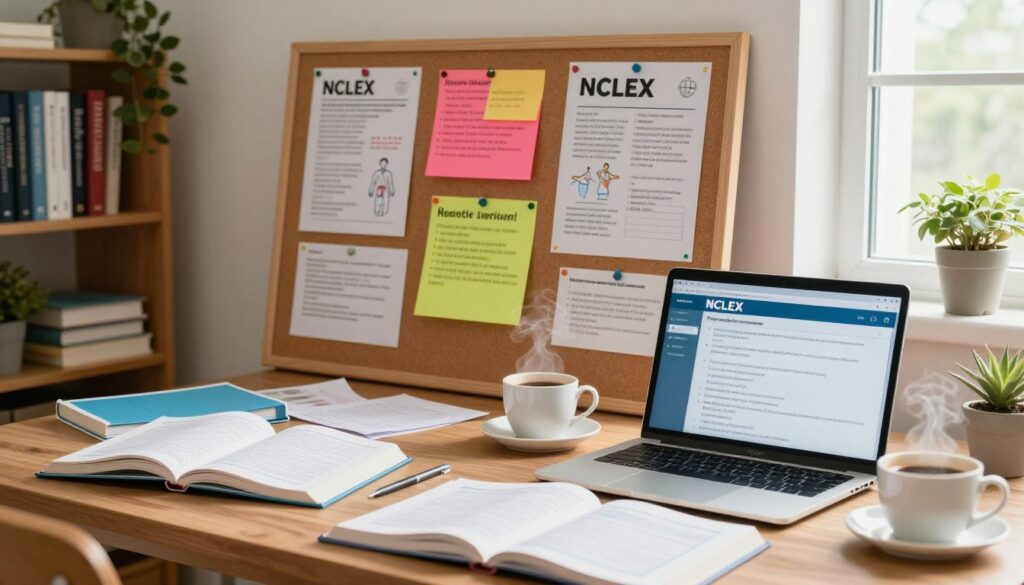 A serene study environment focused on NCLEX content review. In the foreground, a wooden desk cluttered with open textbooks, study notes, and a laptop displaying NCLEX resources, with a cup of coffee steaming beside it. In the middle, a large corkboard filled with colorful study materials, diagrams, and highlighted flashcards showcasing essential nursing concepts. The background features a well-lit room with a cozy bookshelf filled with nursing textbooks and plants. Soft, natural light streams in through a window, creating an inviting atmosphere. The mood is calm and focused, perfect for dedicated study time. The entire scene captures the essence of preparing for the NCLEX through content review, emphasizing focus and diligence. A serene study environment focused on NCLEX content review. In the foreground, a wooden desk cluttered with open textbooks, study notes, and a laptop displaying NCLEX resources, with a cup of coffee steaming beside it. In the middle, a large corkboard filled with colorful study materials, diagrams, and highlighted flashcards showcasing essential nursing concepts. The background features a well-lit room with a cozy bookshelf filled with nursing textbooks and plants. Soft, natural light streams in through a window, creating an inviting atmosphere. The mood is calm and focused, perfect for dedicated study time. The entire scene captures the essence of preparing for the NCLEX through content review, emphasizing focus and diligence.