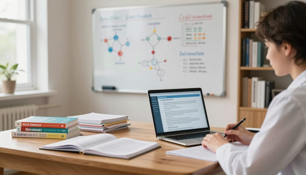 A serene study environment focused on NCLEX pharmacology, featuring a wooden desk with colorful textbooks and study notes scattered around. In the foreground, a person in professional attire, deeply engaged in reviewing material, with a laptop open displaying pharmacology concepts. The middle ground showcases a large, well-organized whiteboard filled with diagrams of drug classifications and mechanisms of action. Soft, natural light filters in through a nearby window, creating a warm and inviting atmosphere. In the background, bookshelves are lined with additional nursing resources, enhancing the scholarly vibe. The overall mood is calm yet focused, embodying a dedicated study session for mastering challenging pharmacology topics.