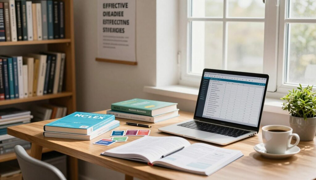 A serene study environment focused on NCLEX preparation strategies, featuring a well-organized wooden desk in the foreground with a variety of nursing study materials such as textbooks, flashcards, and a laptop displaying a study planner. A cup of coffee and a potted plant add a touch of coziness. In the middle ground, a calm light floods through a window, illuminating the space. On the wall, an inspirational poster about effective studying hangs, emphasizing motivation. The background showcases a neatly arranged bookshelf filled with nursing references and health care guides, creating a warm and encouraging atmosphere. Natural lighting casts soft shadows, enhancing the feeling of focus and productivity, inviting the viewer to consider their own study strategies.