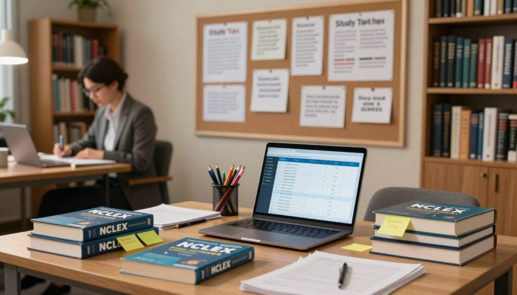 A serene study environment focused on NCLEX study strategies. In the foreground, an organized desk filled with NCLEX review books, colorful sticky notes, and a laptop displaying a study schedule. To the left, a focused student in professional business attire, diligently taking notes. The middle ground features a large bulletin board pinned with study tips, charts, and motivational quotes related to NCLEX success. The background shows a cozy library setup with shelves of medical textbooks and soft lighting creating a warm, inviting atmosphere. The camera angle is slightly elevated, capturing the entire workspace, emphasizing a sense of dedication and focus. The overall mood is one of concentration, empowerment, and motivation, inspiring confidence in study efforts. A serene study environment focused on NCLEX study strategies. In the foreground, an organized desk filled with NCLEX review books, colorful sticky notes, and a laptop displaying a study schedule. To the left, a focused student in professional business attire, diligently taking notes. The middle ground features a large bulletin board pinned with study tips, charts, and motivational quotes related to NCLEX success. The background shows a cozy library setup with shelves of medical textbooks and soft lighting creating a warm, inviting atmosphere. The camera angle is slightly elevated, capturing the entire workspace, emphasizing a sense of dedication and focus. The overall mood is one of concentration, empowerment, and motivation, inspiring confidence in study efforts.